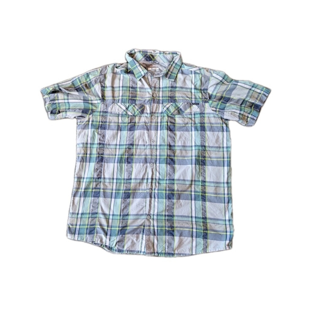 Columbia‎ Omni Shade Button Up Vented Shirt Mens XL Green Plaid Short Sleeve
